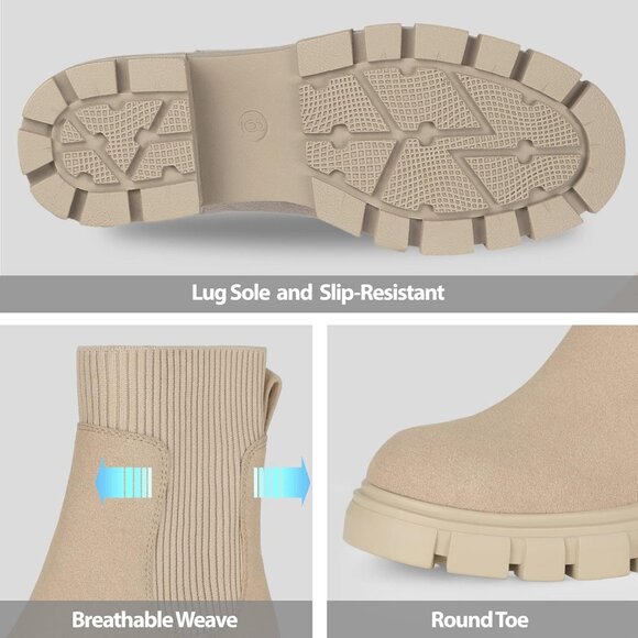 Womens Nude Suede Low Wedge Heel Slip On Chunky Platform Chelsea Ankle Boots - Picture 3 of 6